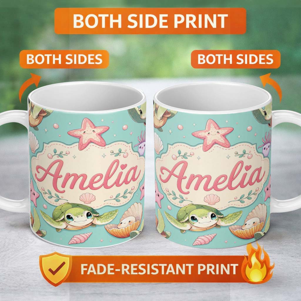 Personalized Custom Name Cute Sea Turtle Starfish Shell Kawaii Ocean Seamless Pattern Teal 11oz Ceramic Coffee Tea Mug White Large Handle