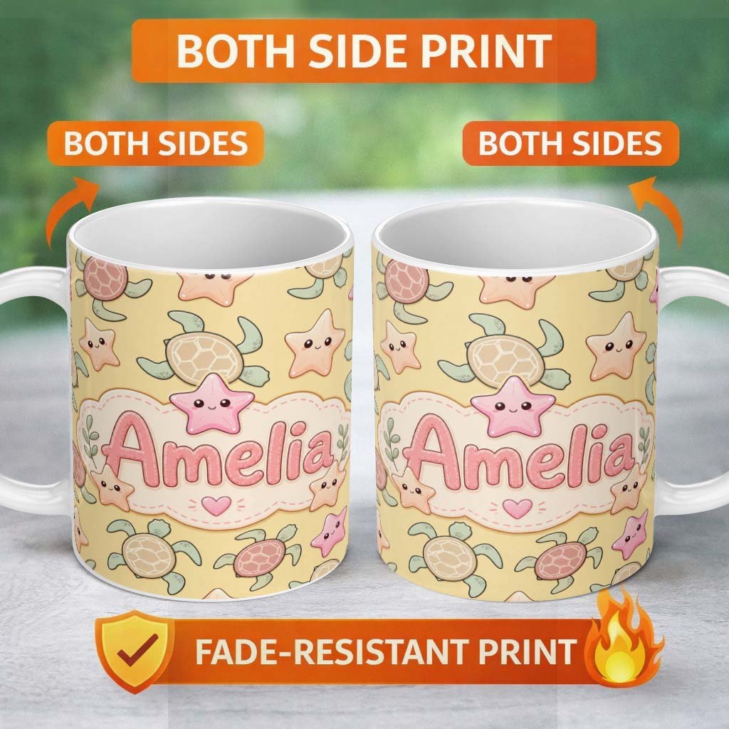 Personalized Custom Name Cute Sea Turtles And Starfish Kawaii Yellow Ocean Seamless Pattern 11oz Ceramic Coffee Tea Mug White Large Handle
