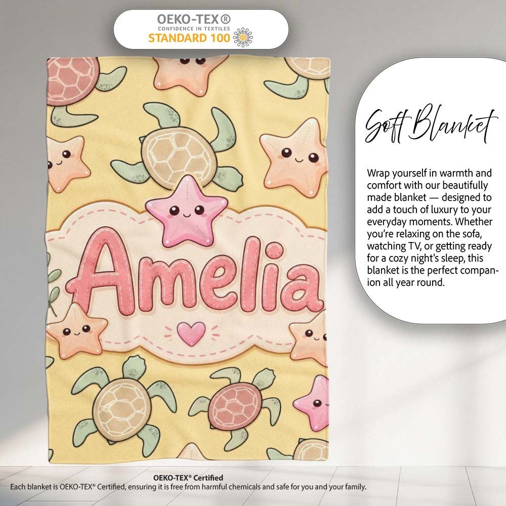 Cute Sea Turtles And Starfish Kawaii Yellow Ocean Seamless Pattern Personalised Custom Name Super Soft Fleece Blanket Bed Sofa Throw