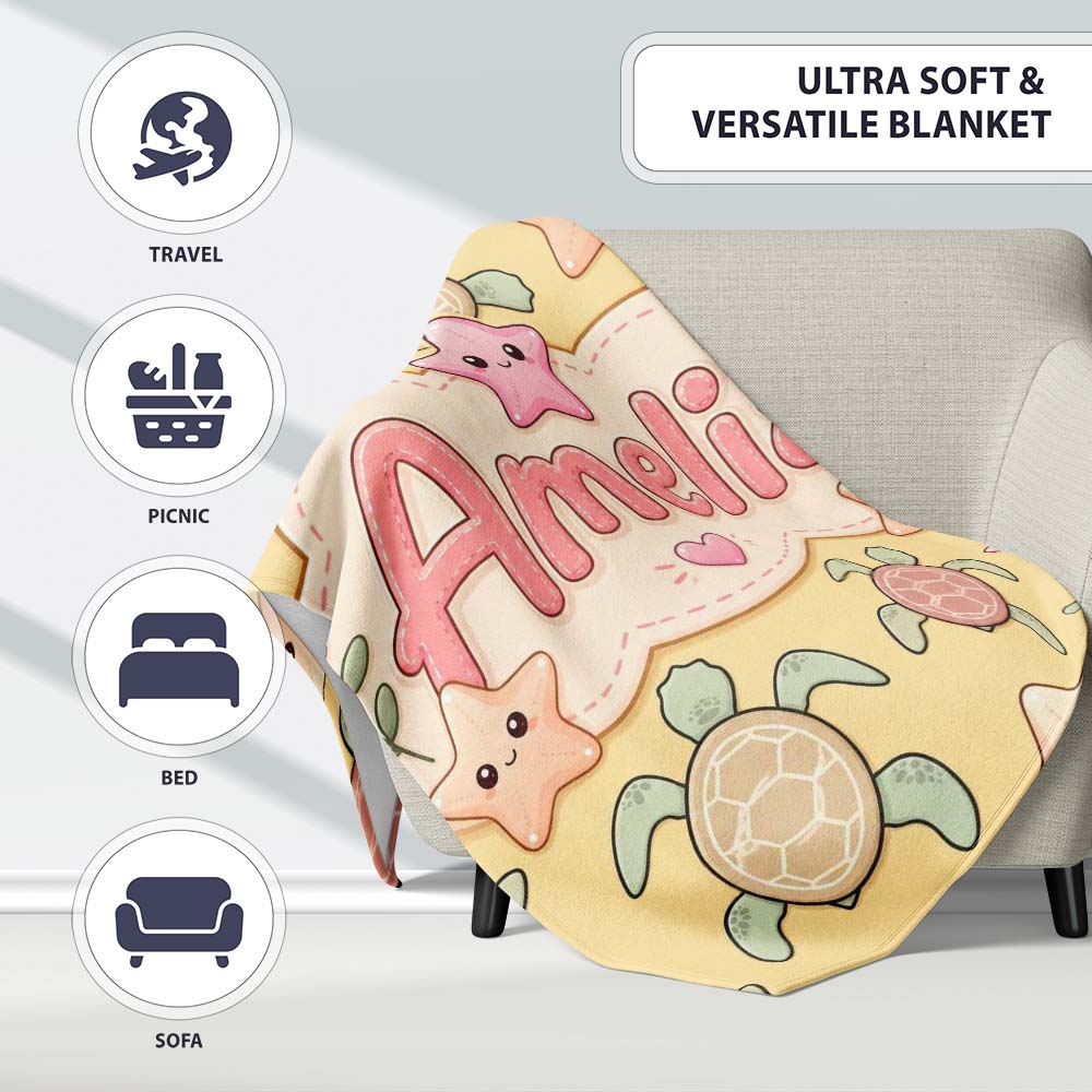 Cute Sea Turtles And Starfish Kawaii Yellow Ocean Seamless Pattern Personalised Custom Name Super Soft Fleece Blanket Bed Sofa Throw