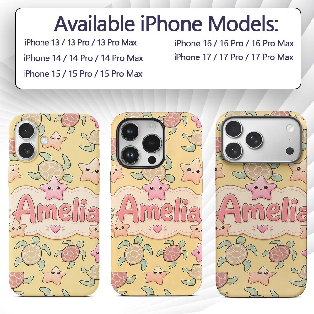 Cute Sea Turtles And Starfish Kawaii Yellow Ocean Custom Name Protective Phone Case Mobile Cover Durable Everyday Smartphone Shock Resistant