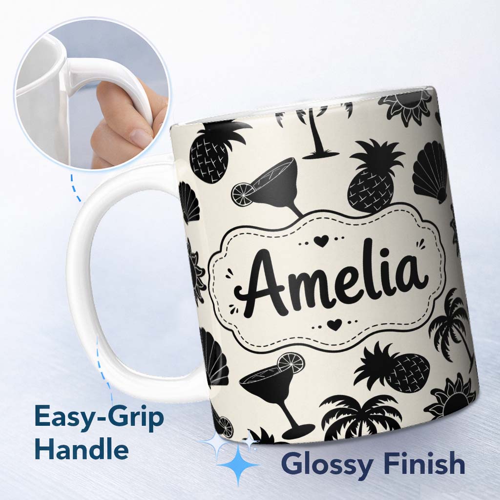 Personalized Custom Name Tropical Beach Pineapple Cocktail Shell Palm Seamless Pattern Name 11oz Ceramic Coffee Tea Mug White Large Handle