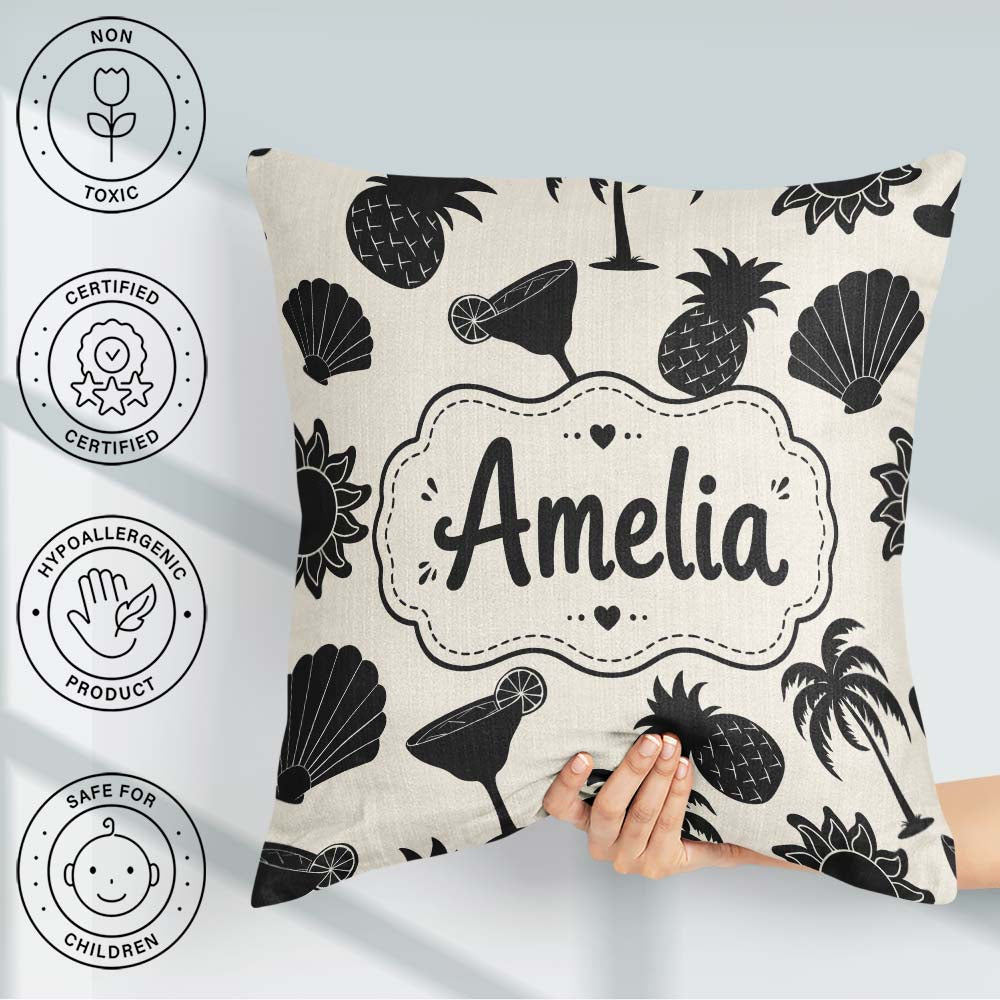 Custom Name Tropical Beach Pineapple Cocktail Shell Palm Pattern Square Filled Cushion Throw Pillow Sofa Bed Home Decor Zip Washable UK Made