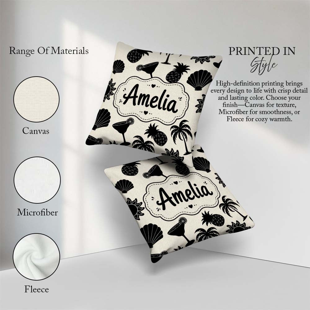 Custom Name Tropical Beach Pineapple Cocktail Shell Palm Pattern Square Filled Cushion Throw Pillow Sofa Bed Home Decor Zip Washable UK Made