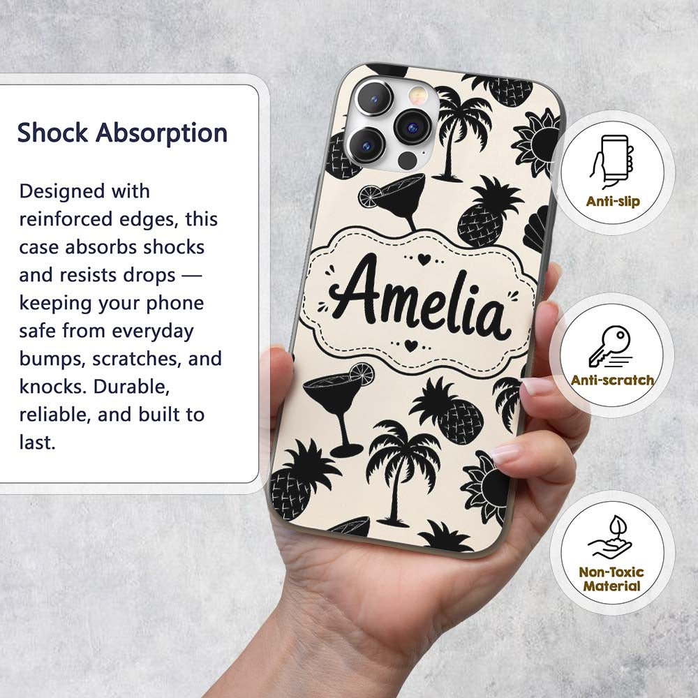 Tropical Beach Pineapple Cocktail Shell Palm Custom Name Protective Phone Case Mobile Cover Durable Everyday Smartphone Shock Resistant