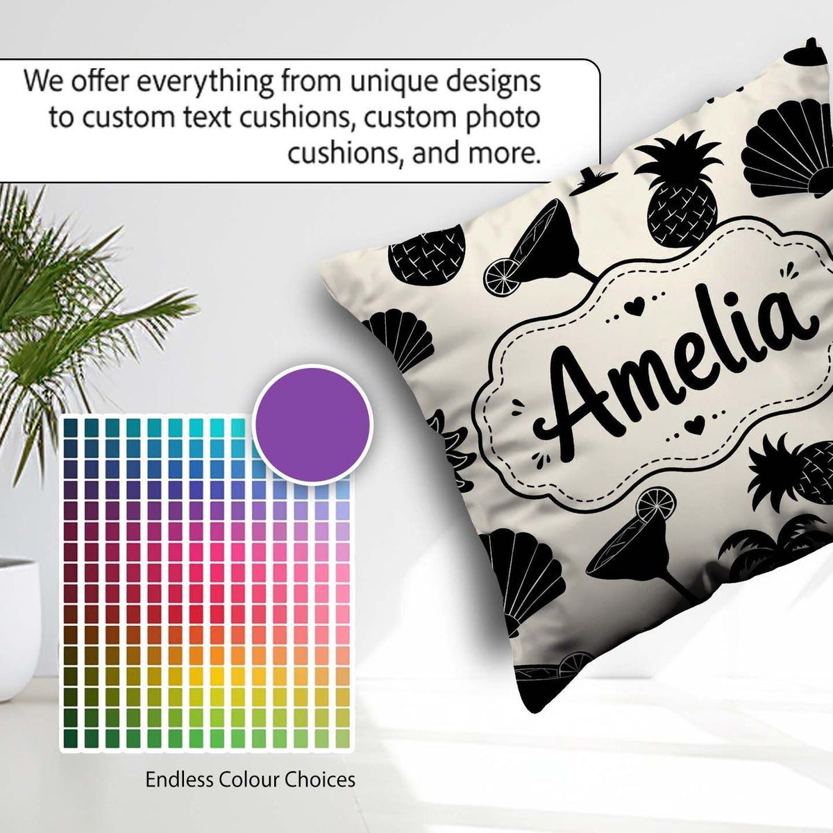 Custom Name Tropical Beach Pineapple Cocktail Shell Palm Pattern Square Filled Cushion Throw Pillow Sofa Bed Home Decor Zip Washable UK Made