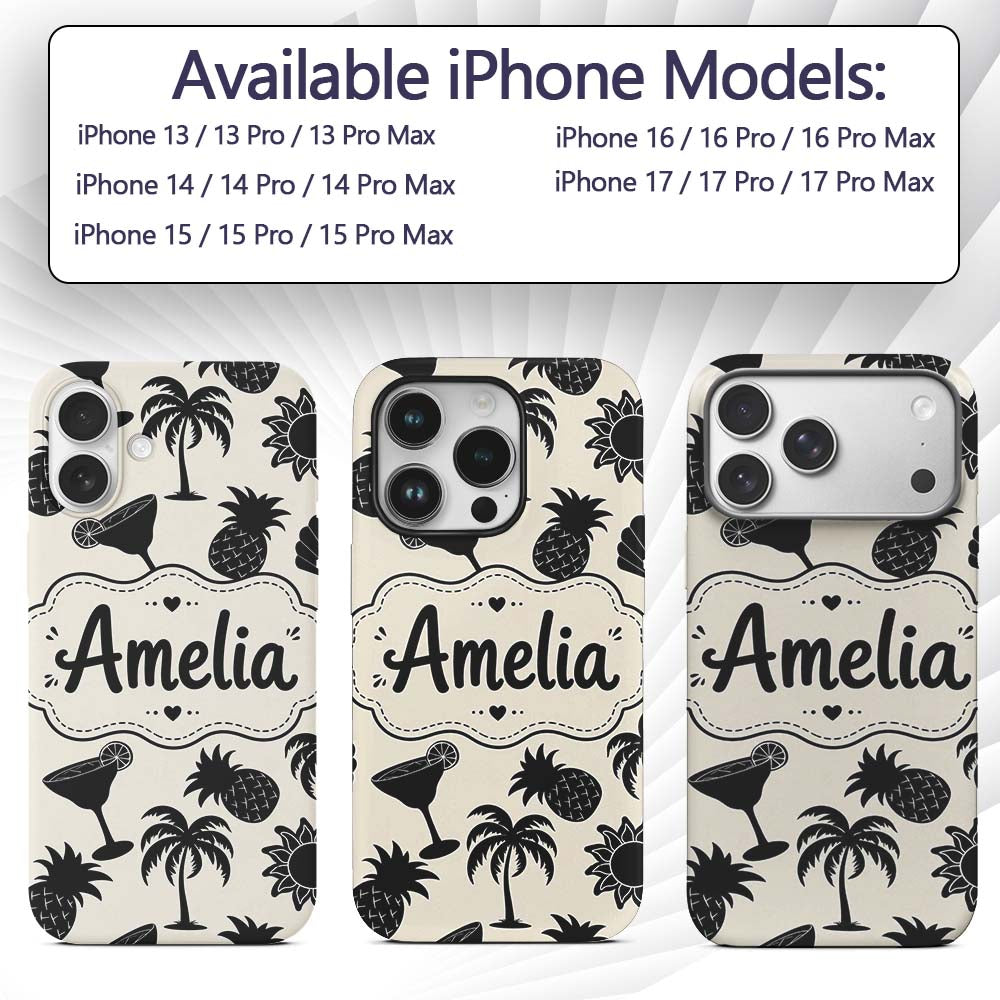 Tropical Beach Pineapple Cocktail Shell Palm Custom Name Protective Phone Case Mobile Cover Durable Everyday Smartphone Shock Resistant