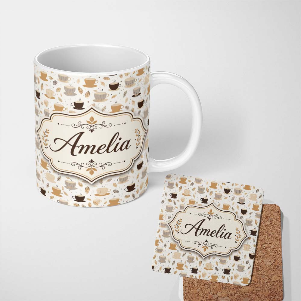 Personalized Custom Name Minimal Coffee Cups and Leaves Neutral Tone Seamless Pattern Lovely 11oz Ceramic Coffee Tea Mug White Large Handle