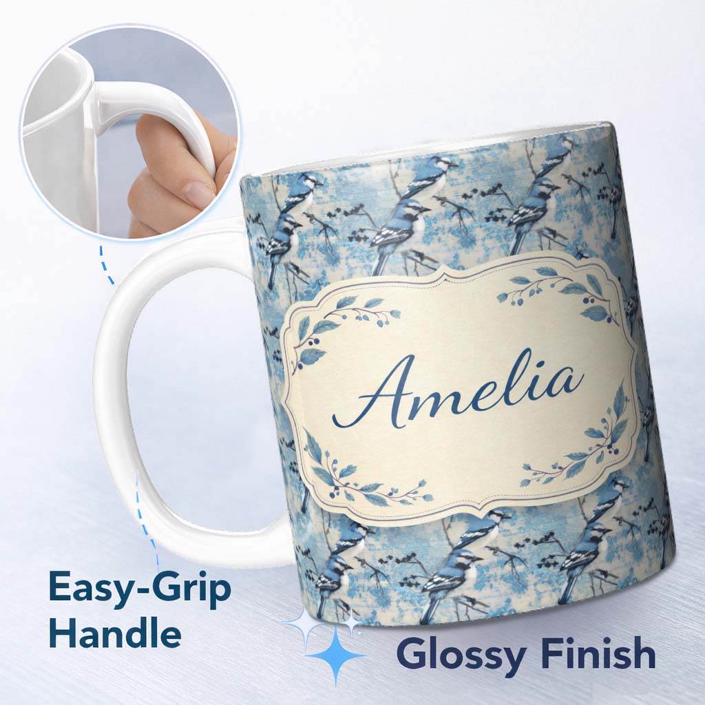 Personalized Custom Name Blue Jay Bird Minimal Branch Blossom Seamless Soft Grey Botanical 11oz Ceramic Coffee Tea Mug White Large Handle