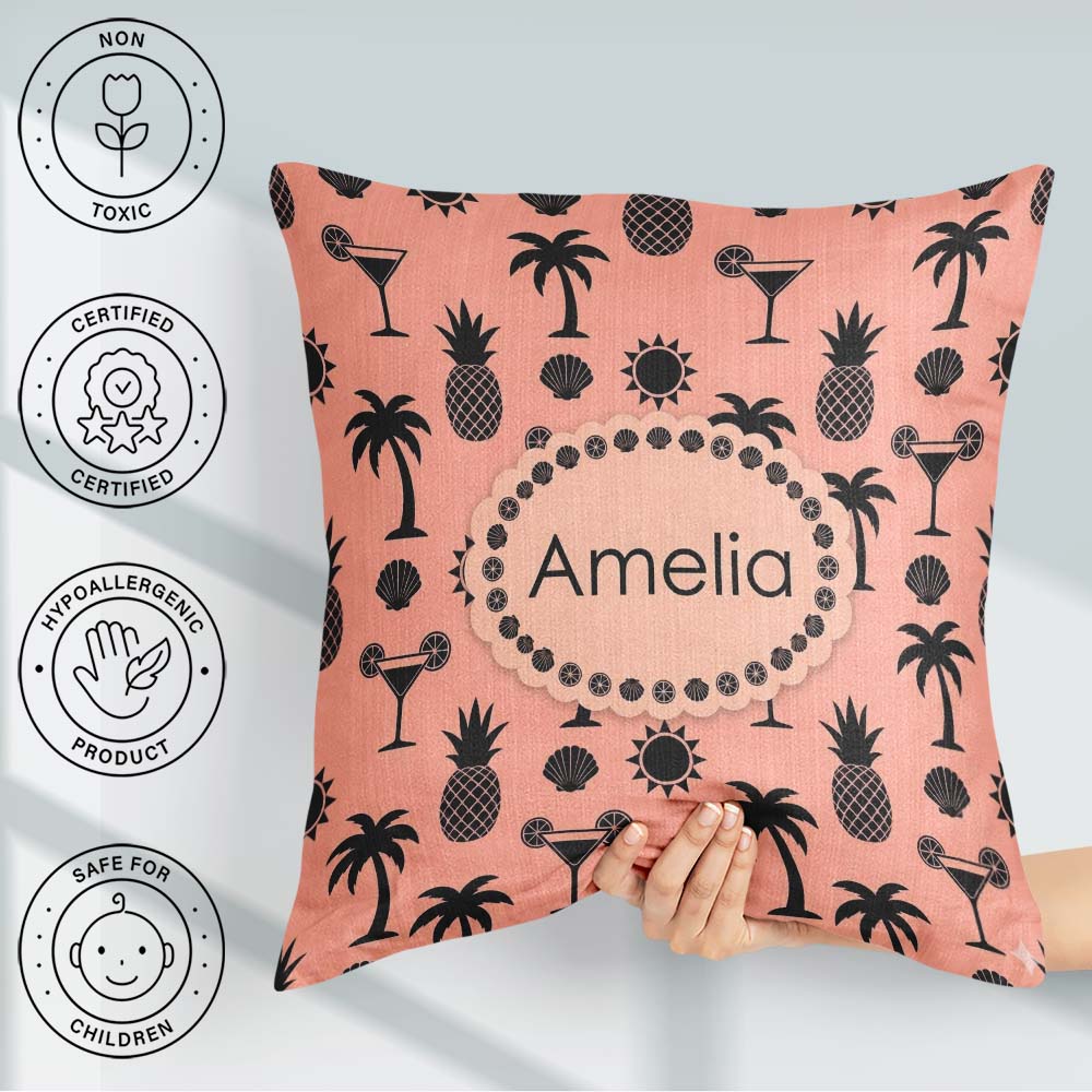 Custom Name Tropical Beach Pineapple Cocktail Shell Palm Pattern Square Filled Cushion Throw Pillow Sofa Bed Home Decor Zip Washable UK Made