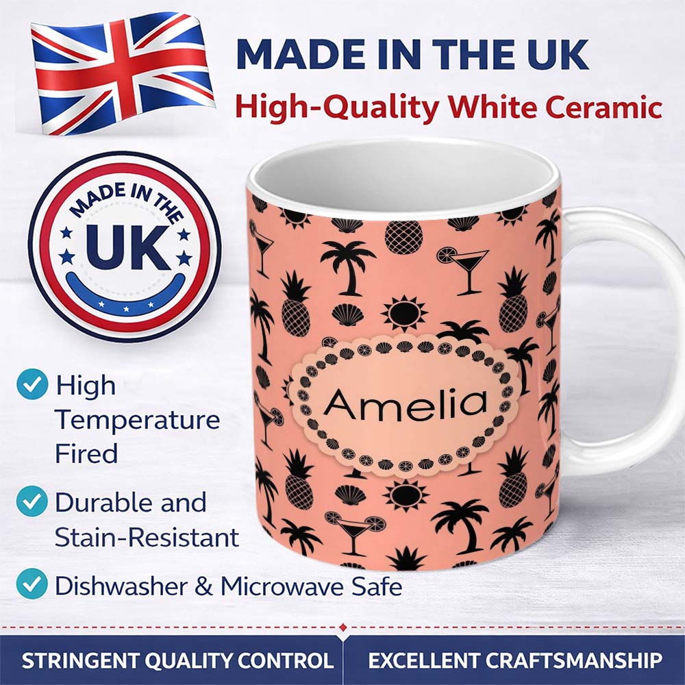 Personalized Custom Name Tropical Beach Pineapple Cocktail Shell Palm Peach Seamless Pattern 11oz Ceramic Coffee Tea Mug White Large Handle
