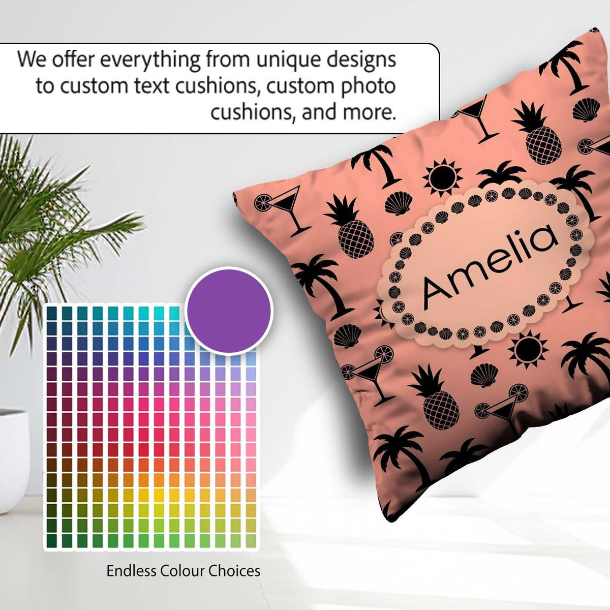 Custom Name Tropical Beach Pineapple Cocktail Shell Palm Pattern Square Filled Cushion Throw Pillow Sofa Bed Home Decor Zip Washable UK Made