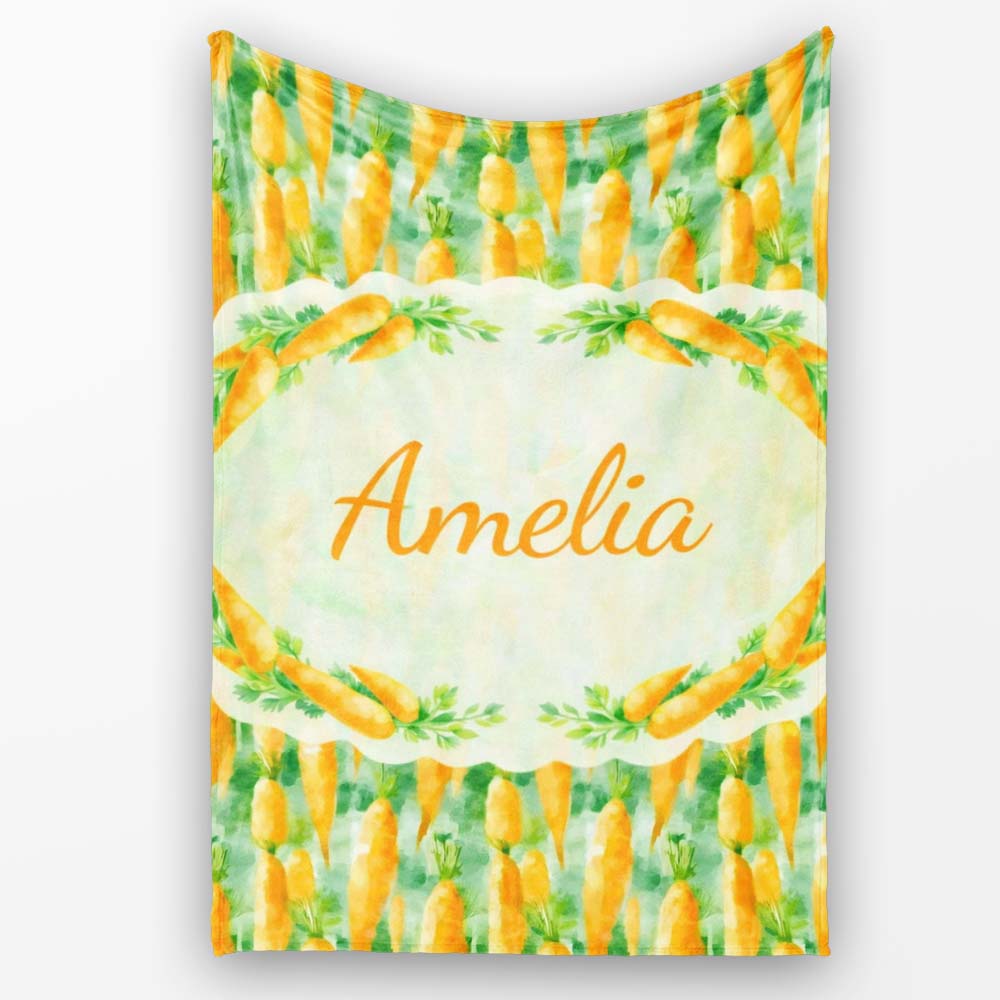 Watercolor Carrot Brushstroke Texture Seamless Pattern Fresh Green Personalised Custom Name Super Soft Fleece Blanket Bed Sofa Throw