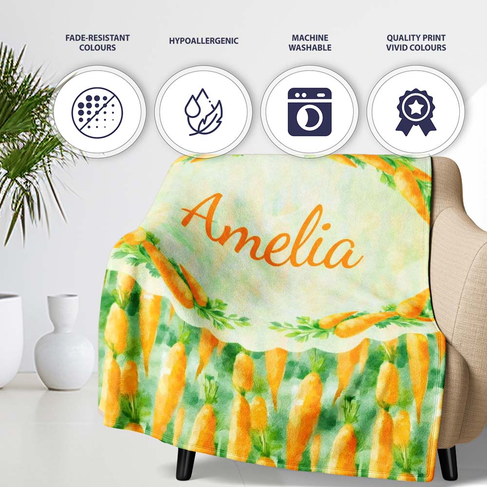Watercolor Carrot Brushstroke Texture Seamless Pattern Fresh Green Personalised Custom Name Super Soft Fleece Blanket Bed Sofa Throw