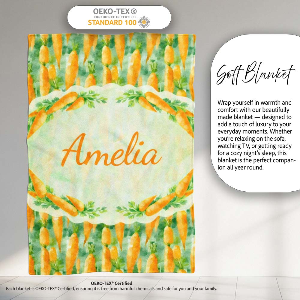 Watercolor Carrot Brushstroke Texture Seamless Pattern Fresh Green Personalised Custom Name Super Soft Fleece Blanket Bed Sofa Throw