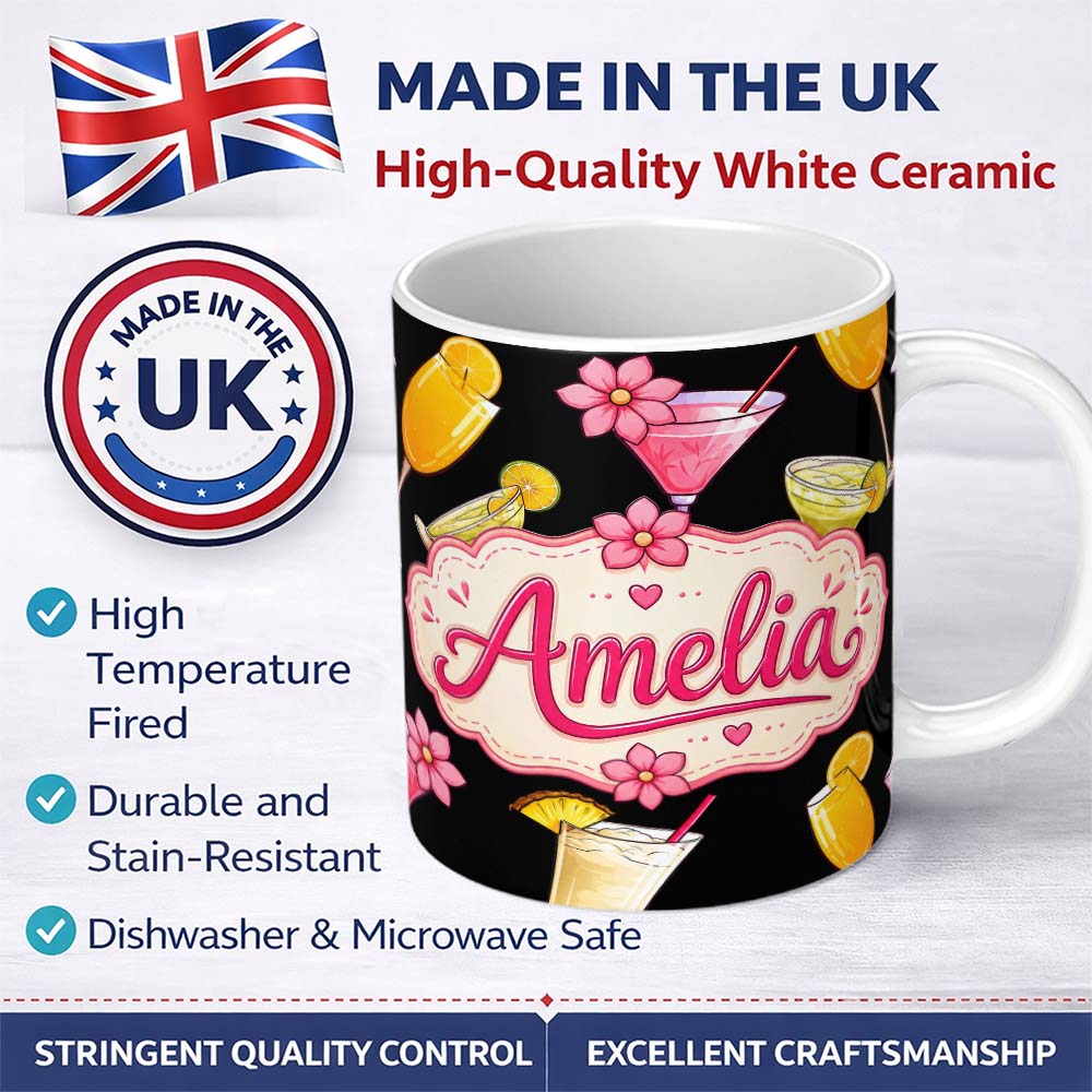 Personalized Custom Name Colorful Cocktail Drinks Summer Party Seamless Pattern Name Cute 11oz Ceramic Coffee Tea Mug White Large Handle