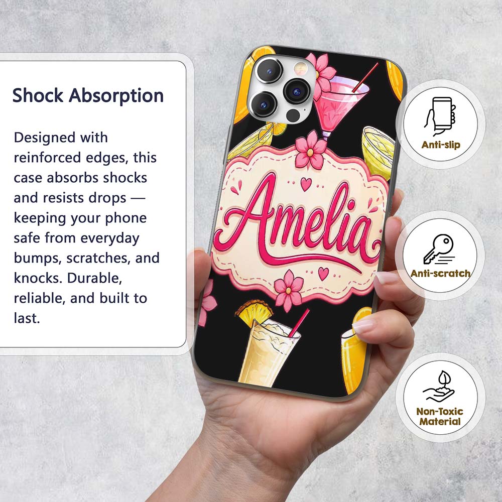 Colorful Cocktail Drinks Summer Party Seamless Custom Name Protective Phone Case Mobile Cover Durable Everyday Smartphone Shock Resistant