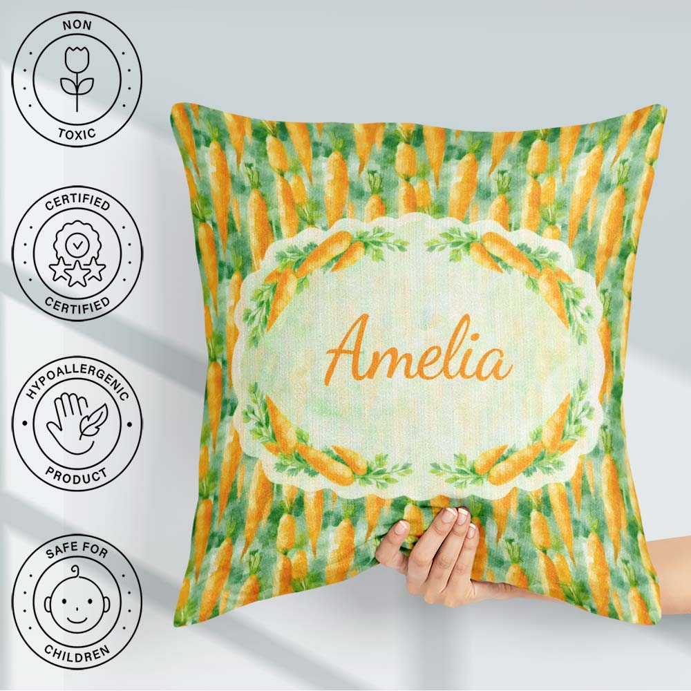 Custom Name Watercolor Carrot Brushstroke Texture Seamless Fresh Square Filled Cushion Throw Pillow Sofa Bed Home Decor Zip Washable UK Made