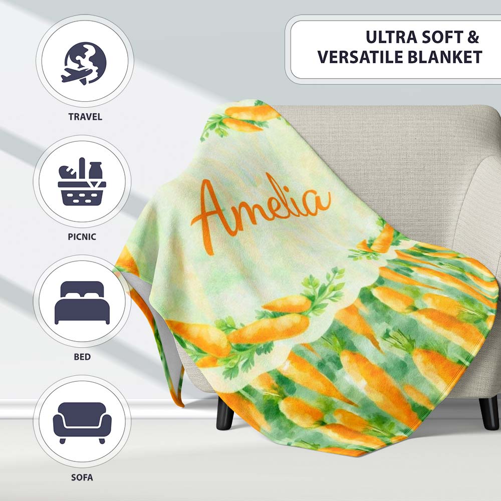 Watercolor Carrot Brushstroke Texture Seamless Pattern Fresh Green Personalised Custom Name Super Soft Fleece Blanket Bed Sofa Throw