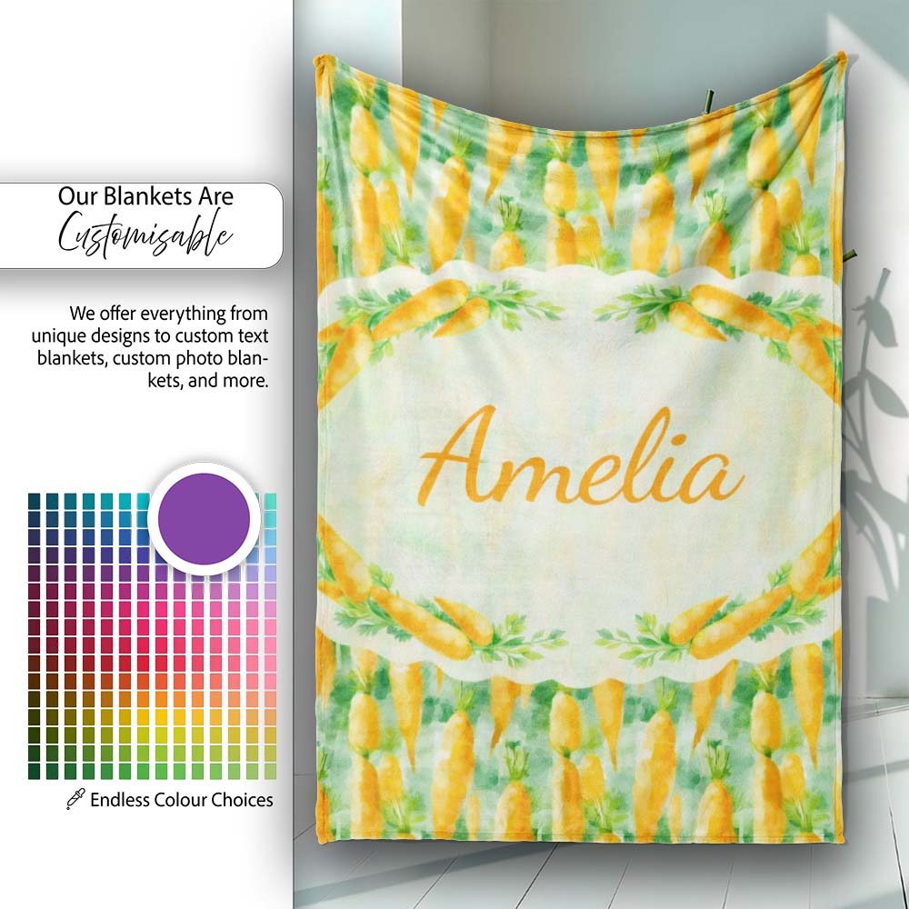 Watercolor Carrot Brushstroke Texture Seamless Pattern Fresh Green Personalised Custom Name Super Soft Fleece Blanket Bed Sofa Throw