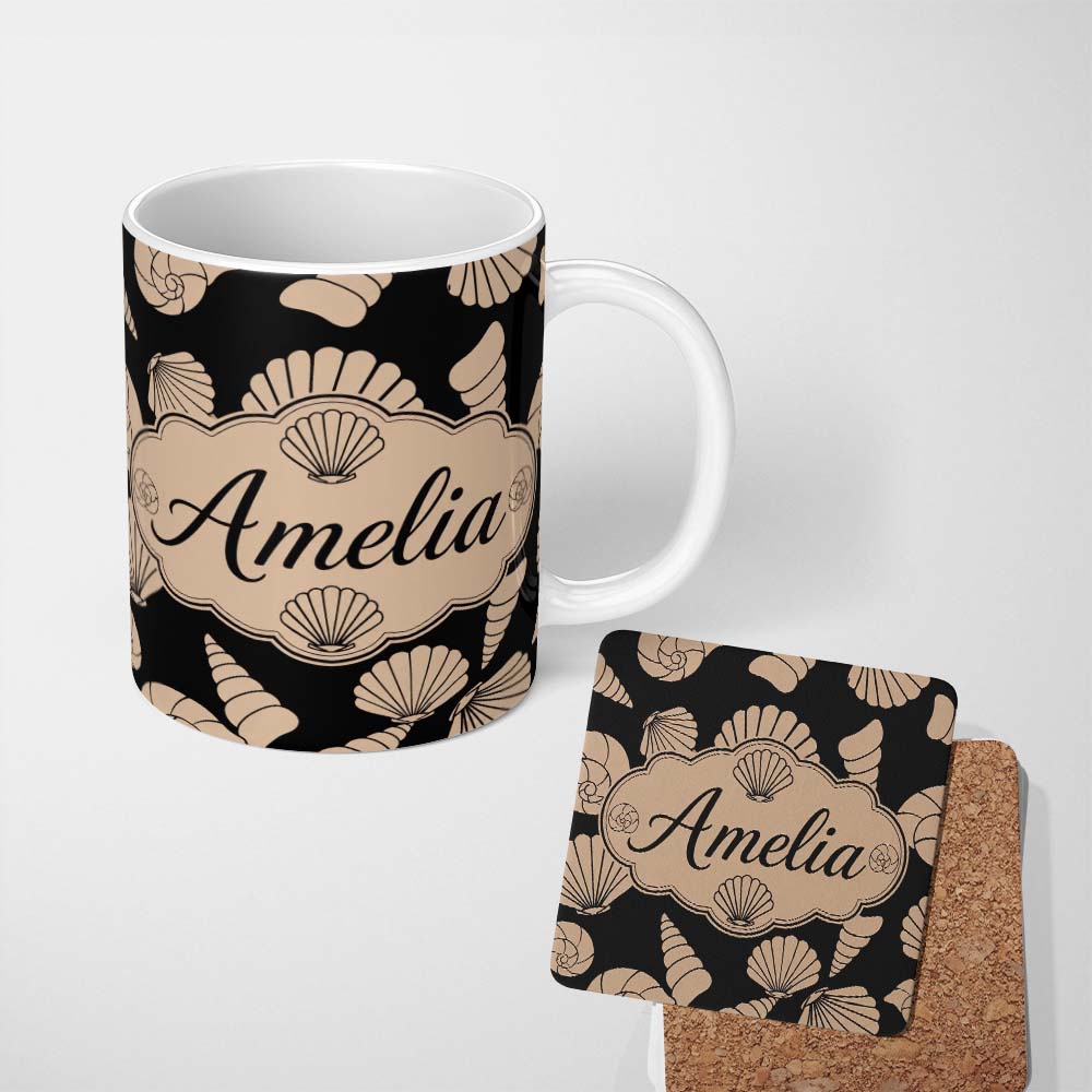 Personalized Custom Name Neutral Seashell Coastal Beige Minimal Seamless Pattern Name Cute 11oz Ceramic Coffee Tea Mug White Large Handle