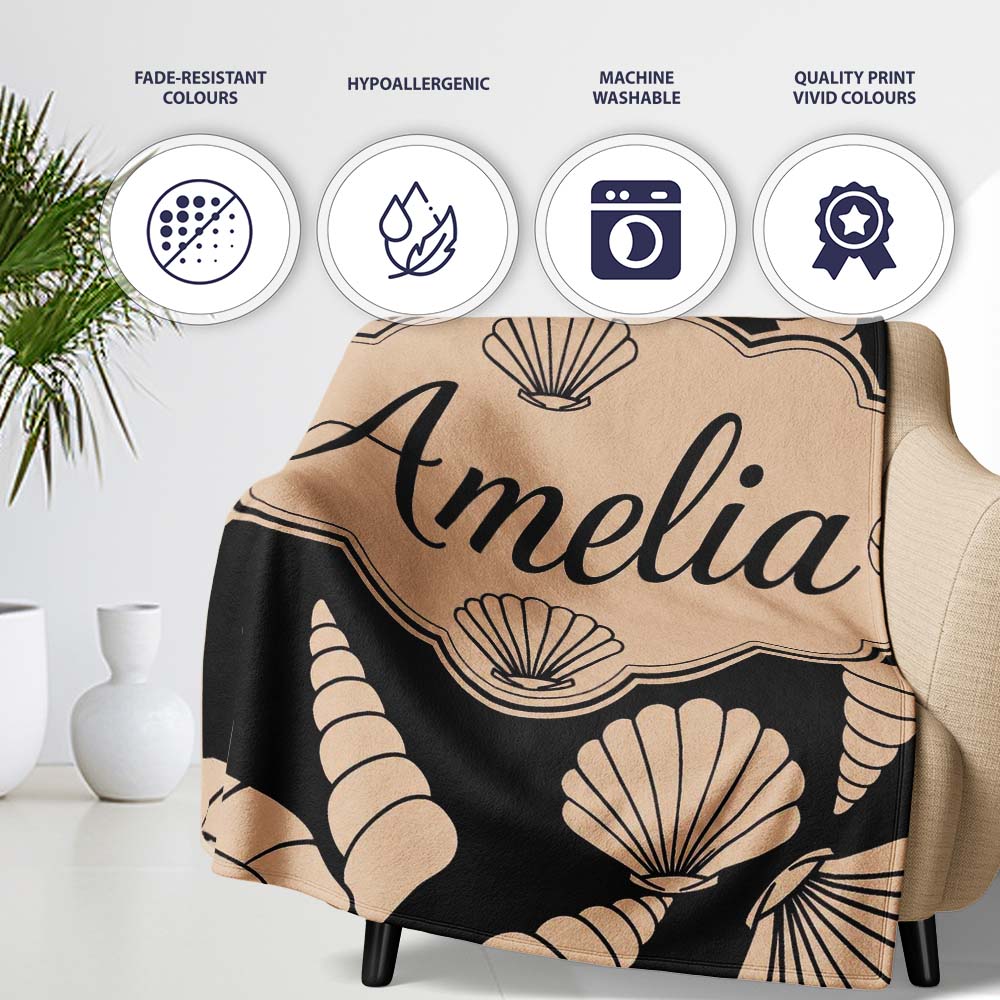 Neutral Seashell Coastal Beige Minimal Seamless Pattern Name Cute Personalised Custom Name Super Soft Fleece Blanket Bed Sofa Throw