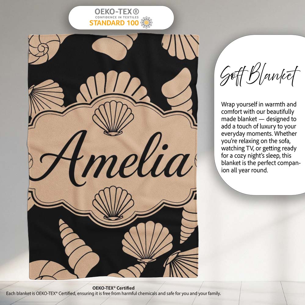 Neutral Seashell Coastal Beige Minimal Seamless Pattern Name Cute Personalised Custom Name Super Soft Fleece Blanket Bed Sofa Throw