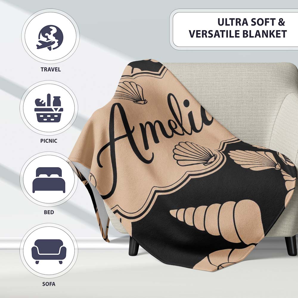 Neutral Seashell Coastal Beige Minimal Seamless Pattern Name Cute Personalised Custom Name Super Soft Fleece Blanket Bed Sofa Throw