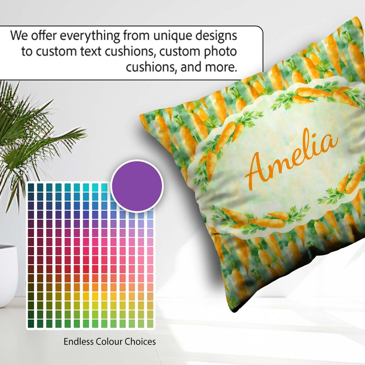 Custom Name Watercolor Carrot Brushstroke Texture Seamless Fresh Square Filled Cushion Throw Pillow Sofa Bed Home Decor Zip Washable UK Made