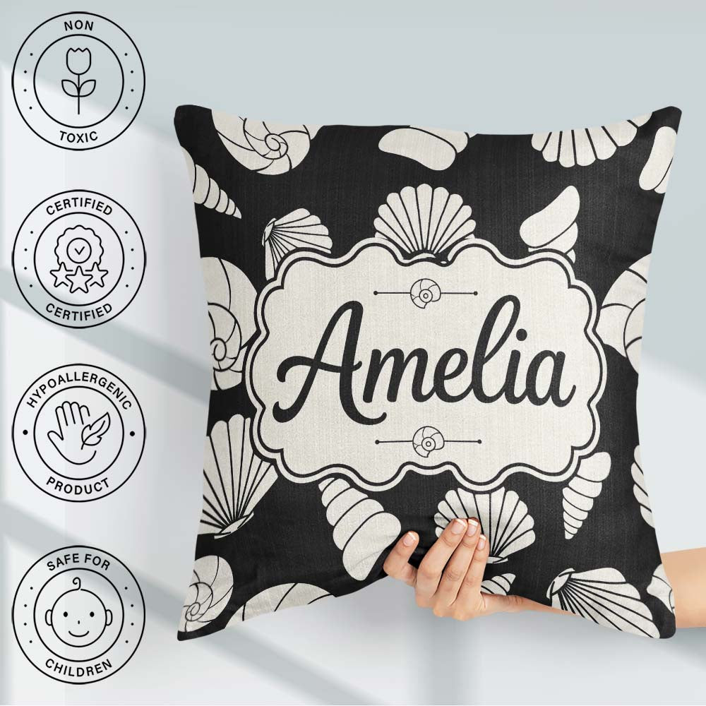 Custom Name Light Neutral Seashell Coastal Minimal Seamless Name Square Filled Cushion Throw Pillow Sofa Bed Home Decor Zip Washable UK Made