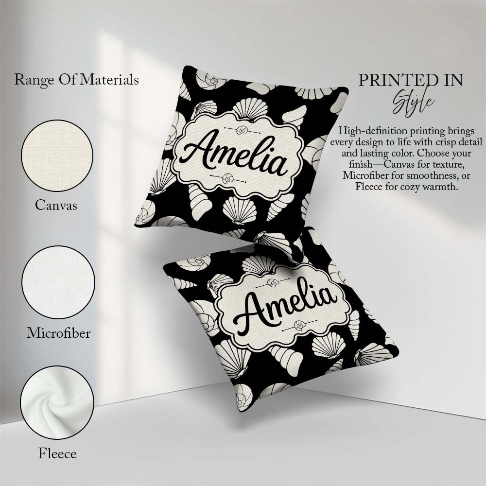 Custom Name Light Neutral Seashell Coastal Minimal Seamless Name Square Filled Cushion Throw Pillow Sofa Bed Home Decor Zip Washable UK Made