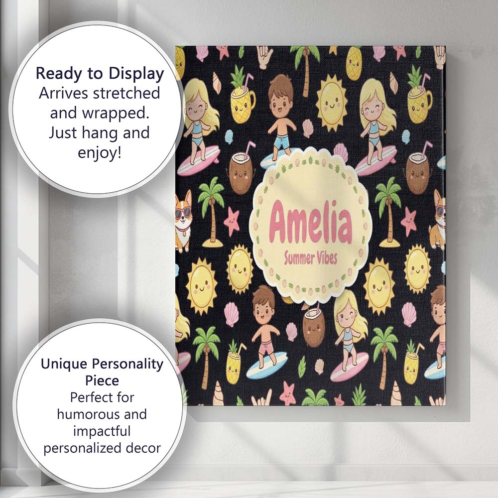 Personalised Name Cute Summer Beach Kids Custom Unique Gift Idea Elegant Feature Canvas Wall Art Print Decor Picture Ready to Hang