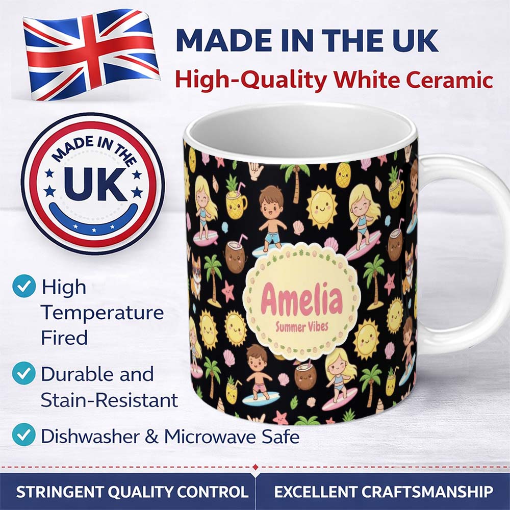 Personalized Custom Name Cute Summer Beach Kids Fun Tropical Seamless Pattern Name Unique 11oz Ceramic Coffee Tea Mug White Large Handle