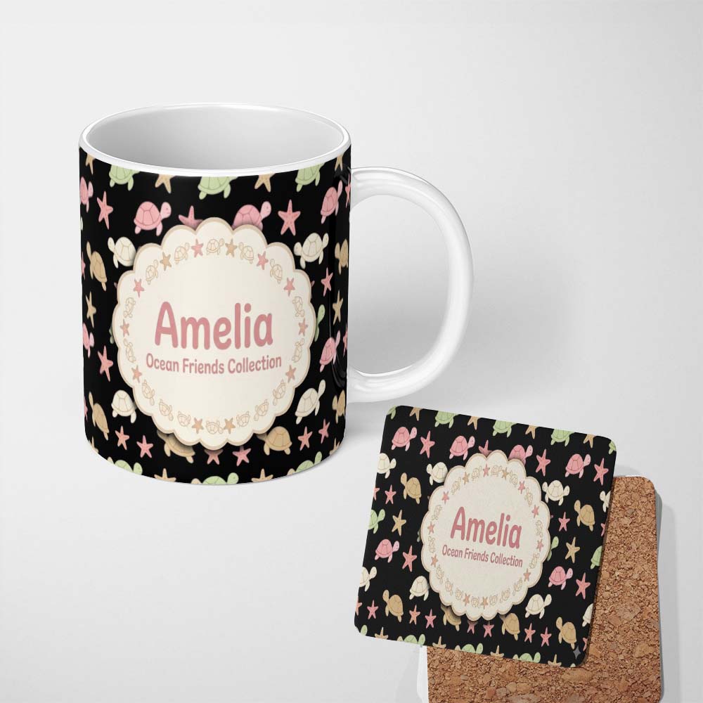 Personalized Custom Name Cute Sea Turtles And Starfish Ocean Seamless Pattern Name Unique 11oz Ceramic Coffee Tea Mug White Large Handle