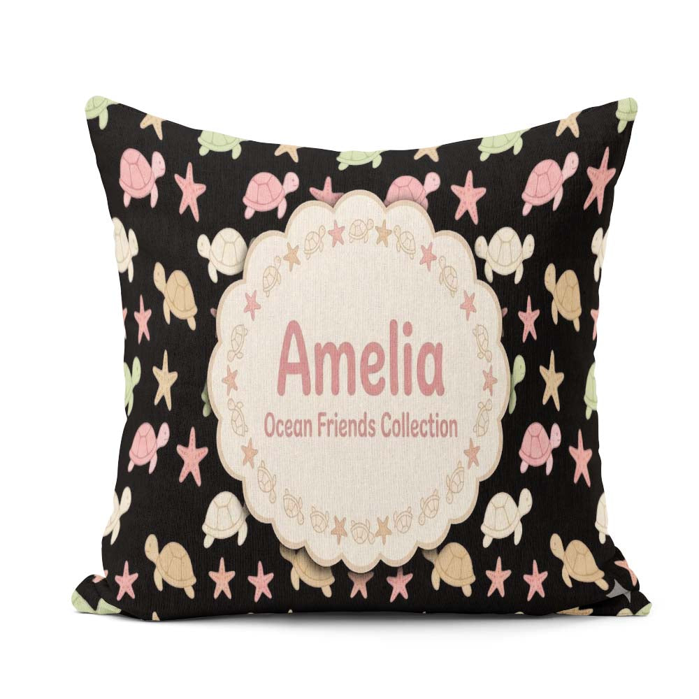 Custom Name Sea Turtles And Starfish Ocean Seamless Pattern Name Square Filled Cushion Throw Pillow Sofa Bed Home Decor Zip Washable UK Made