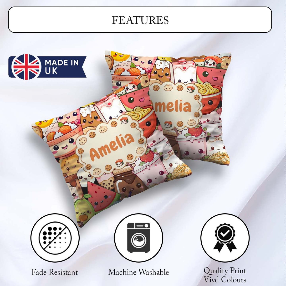 Custom Name Kawaii Food Characters Sushi Drinks Desserts Pattern Square Filled Cushion Throw Pillow Sofa Bed Home Decor Zip Washable UK Made