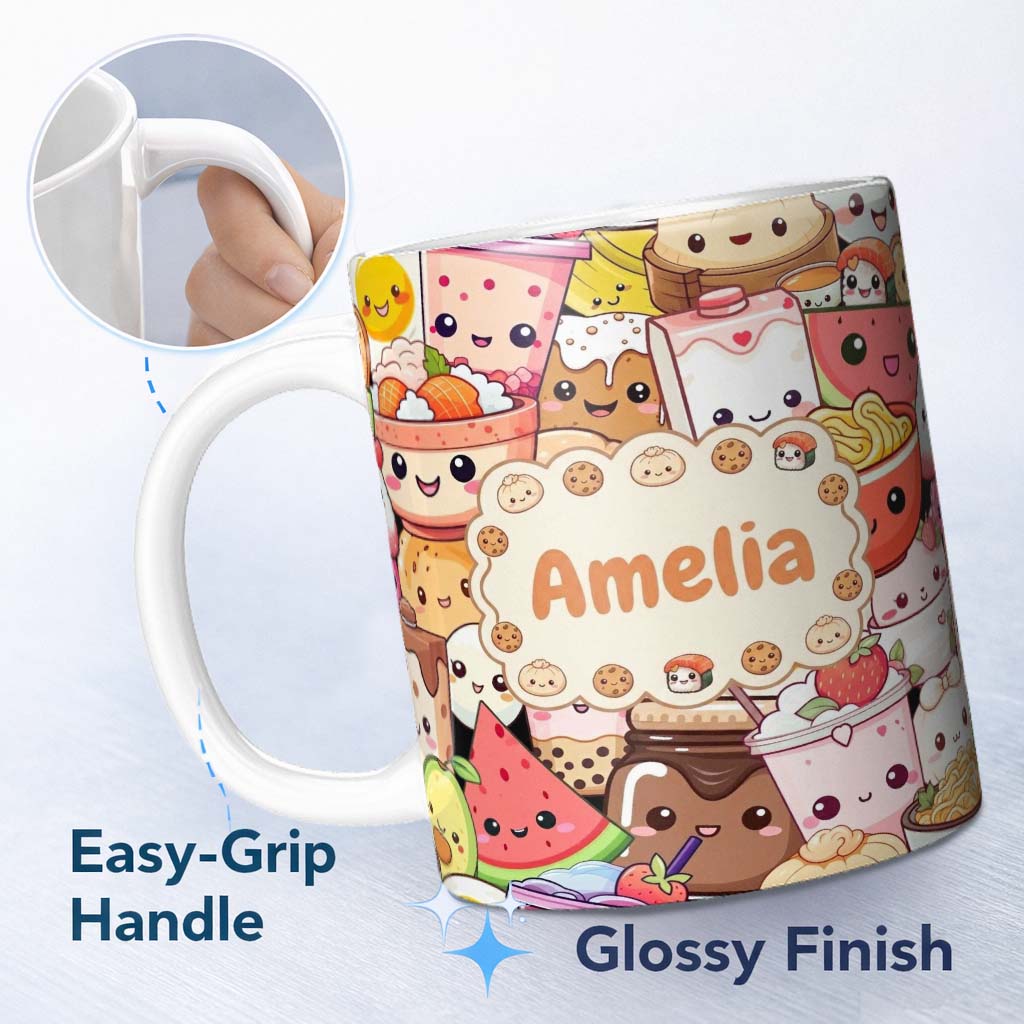 Personalized Custom Name Cute Kawaii Food Characters Sushi Drinks Desserts Seamless Pattern 11oz Ceramic Coffee Tea Mug White Large Handle