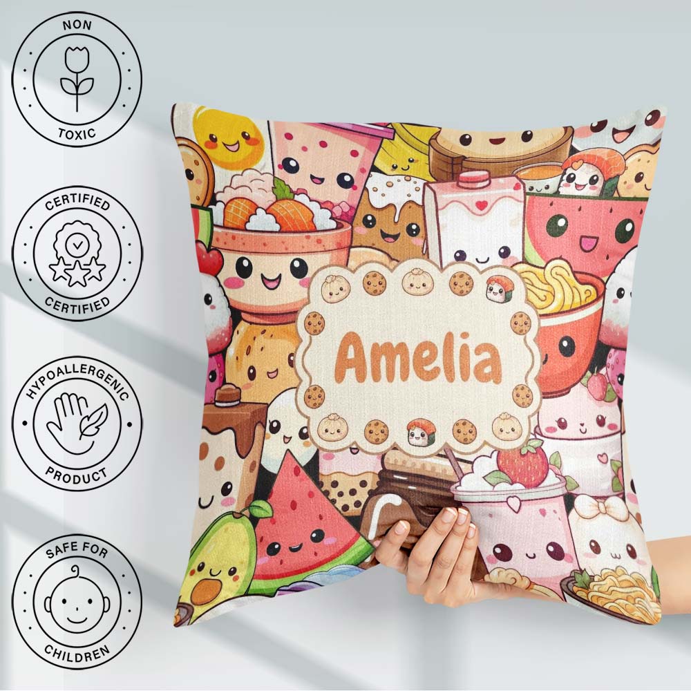 Custom Name Kawaii Food Characters Sushi Drinks Desserts Pattern Square Filled Cushion Throw Pillow Sofa Bed Home Decor Zip Washable UK Made