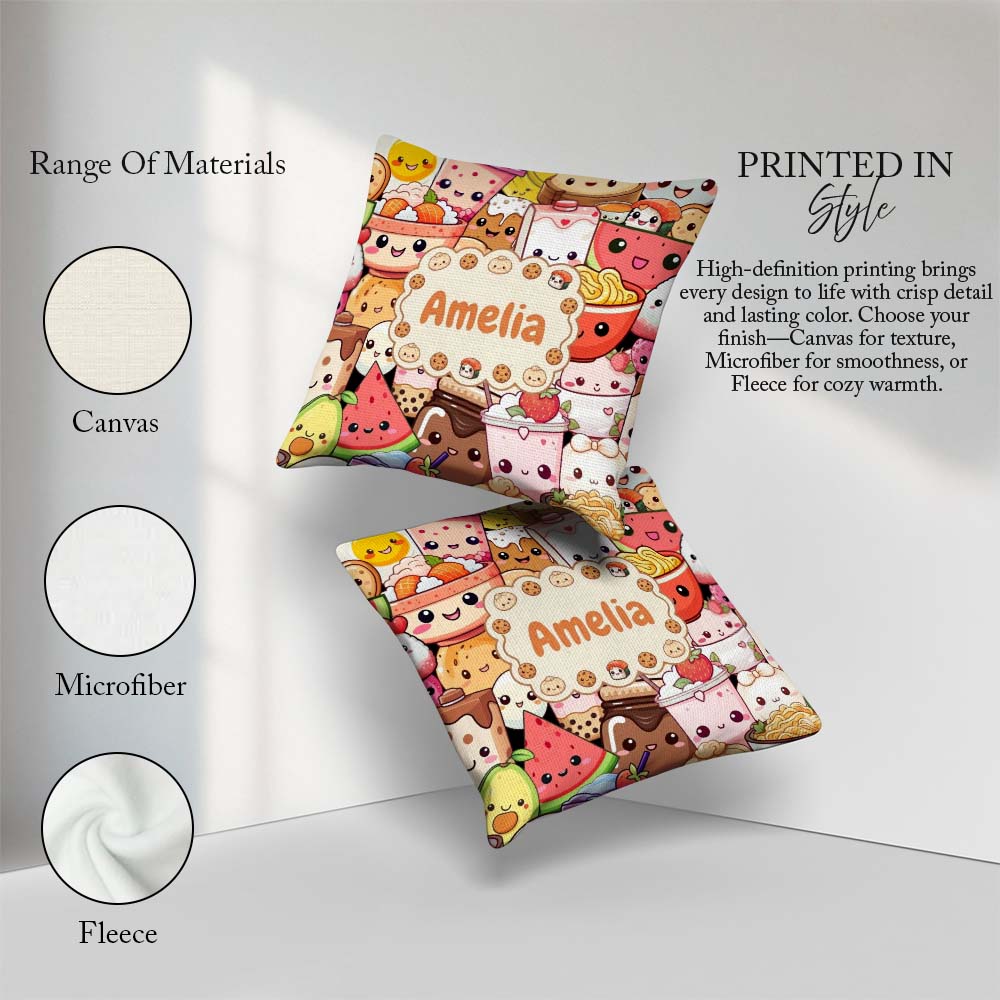 Custom Name Kawaii Food Characters Sushi Drinks Desserts Pattern Square Filled Cushion Throw Pillow Sofa Bed Home Decor Zip Washable UK Made