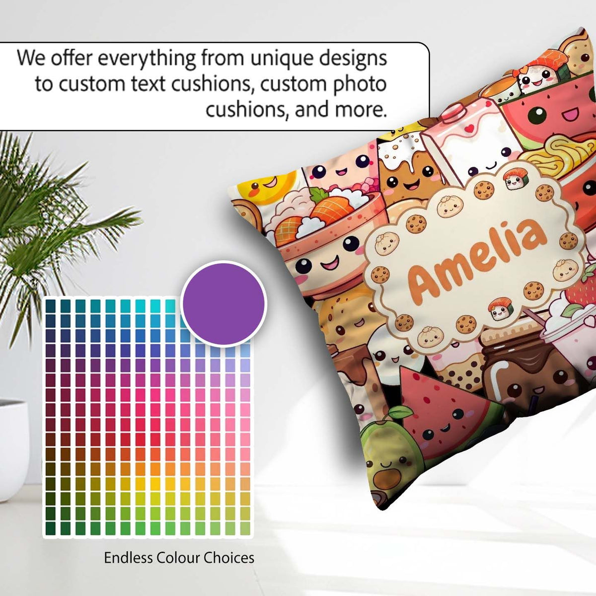 Custom Name Kawaii Food Characters Sushi Drinks Desserts Pattern Square Filled Cushion Throw Pillow Sofa Bed Home Decor Zip Washable UK Made