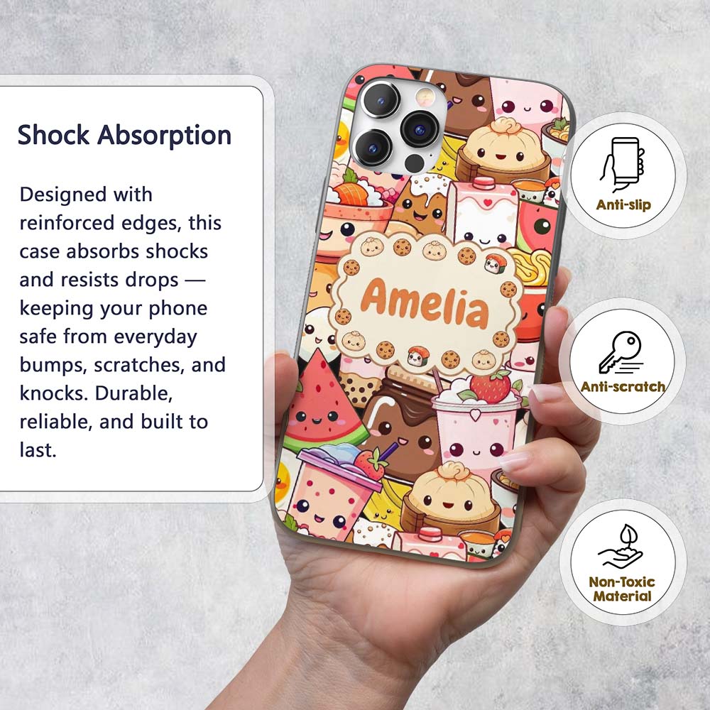 Cute Kawaii Food Characters Sushi Drinks Desserts Custom Name Protective Phone Case Mobile Cover Durable Everyday Smartphone Shock Resistant