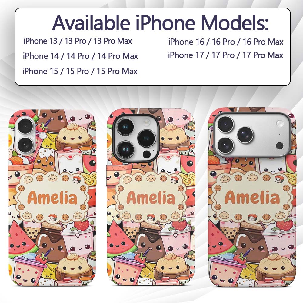 Cute Kawaii Food Characters Sushi Drinks Desserts Custom Name Protective Phone Case Mobile Cover Durable Everyday Smartphone Shock Resistant