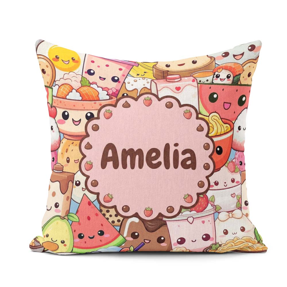 Custom Name Cute Kawaii Food Sushi Drinks Desserts Blue Seamless Square Filled Cushion Throw Pillow Sofa Bed Home Decor Zip Washable UK Made