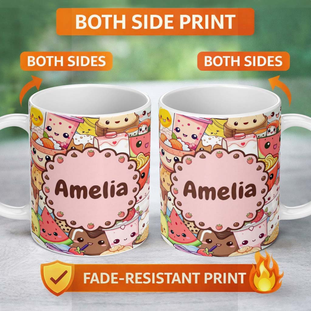 Personalized Custom Name Cute Kawaii Food Characters Sushi Drinks Desserts Blue Seamless 11oz Ceramic Coffee Tea Mug White Large Handle