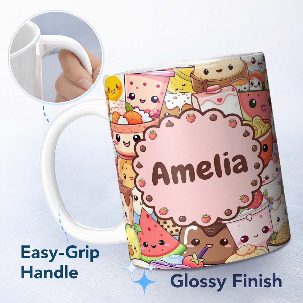 Personalized Custom Name Cute Kawaii Food Characters Sushi Drinks Desserts Blue Seamless 11oz Ceramic Coffee Tea Mug White Large Handle
