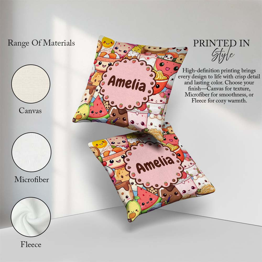 Custom Name Cute Kawaii Food Sushi Drinks Desserts Blue Seamless Square Filled Cushion Throw Pillow Sofa Bed Home Decor Zip Washable UK Made