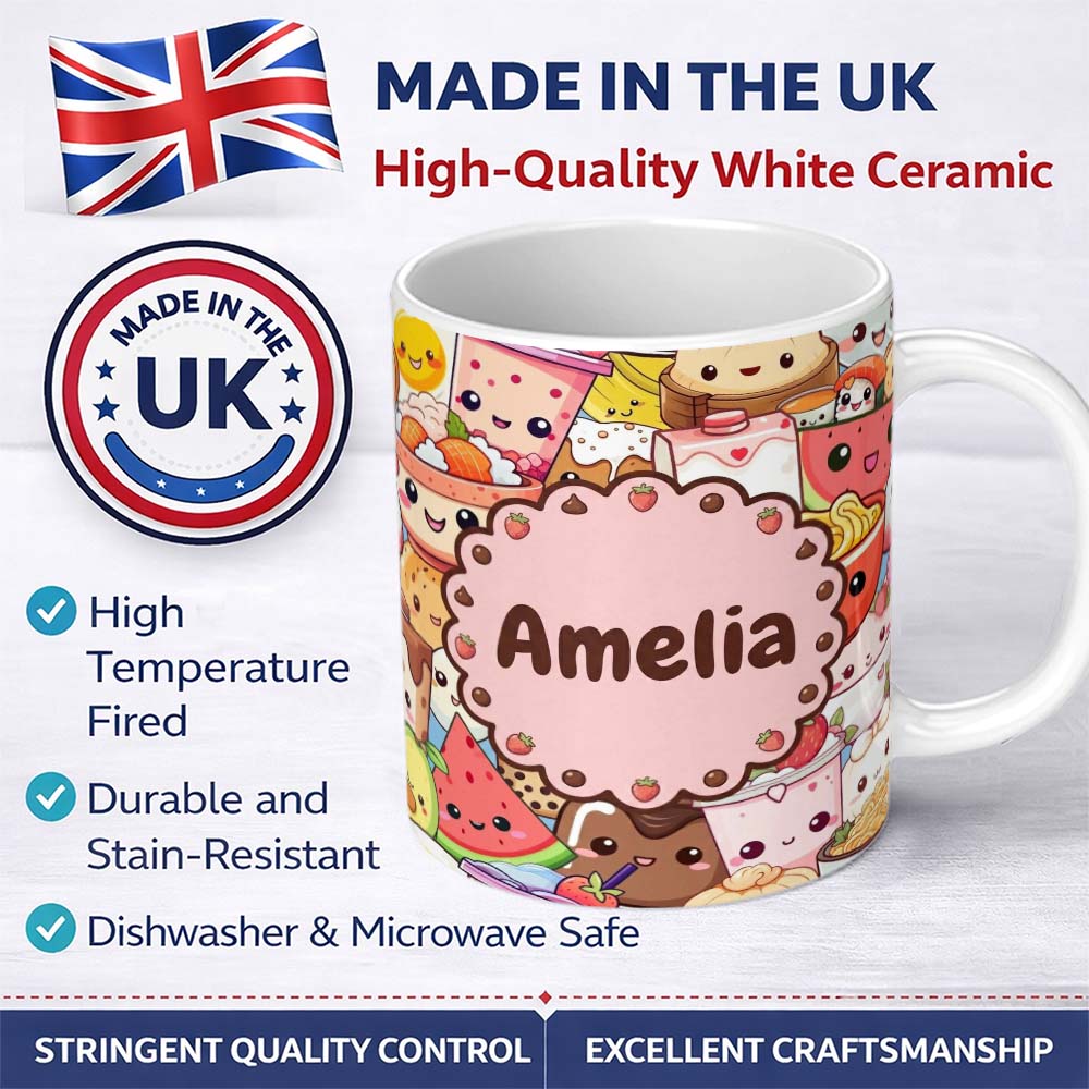 Personalized Custom Name Cute Kawaii Food Characters Sushi Drinks Desserts Blue Seamless 11oz Ceramic Coffee Tea Mug White Large Handle