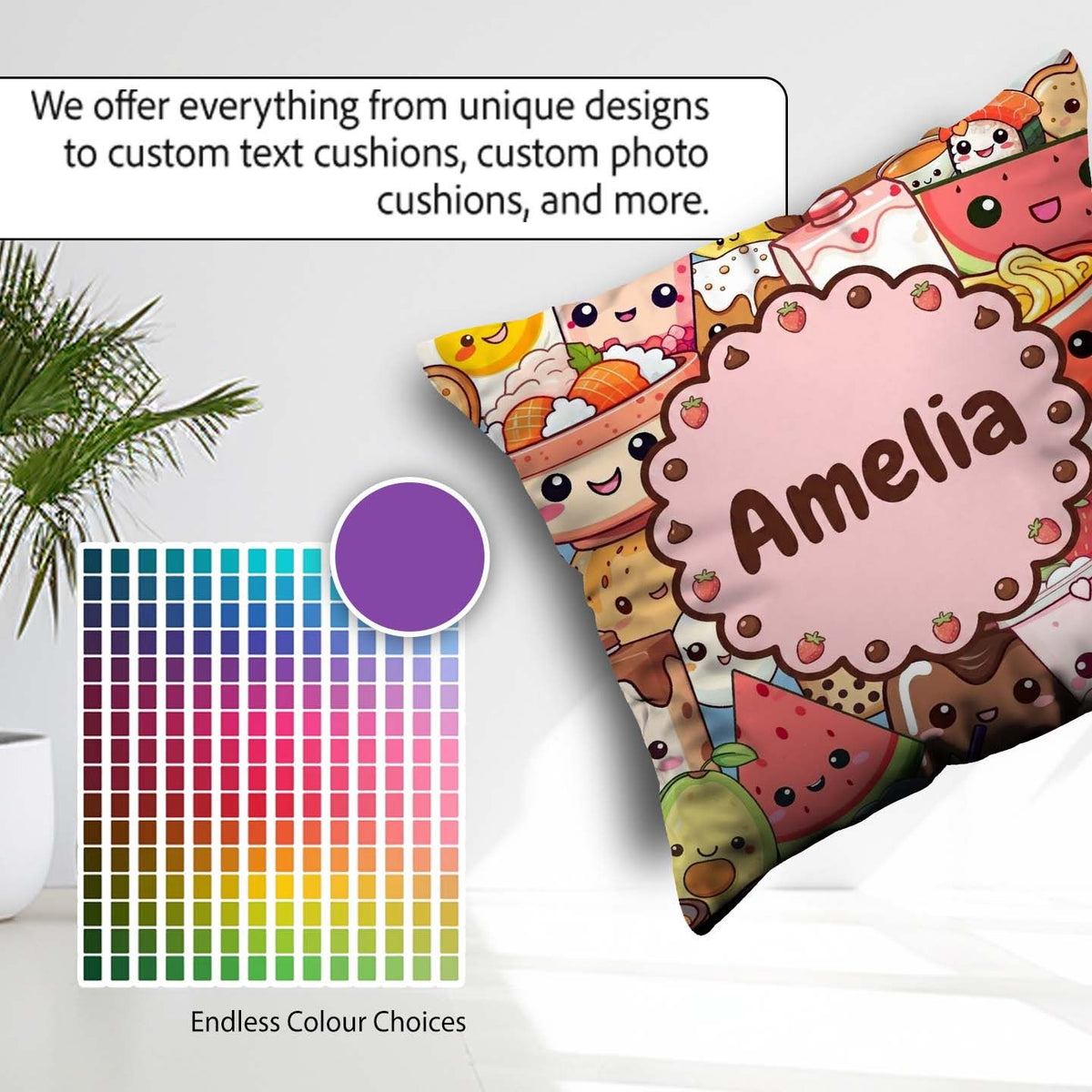 Custom Name Cute Kawaii Food Sushi Drinks Desserts Blue Seamless Square Filled Cushion Throw Pillow Sofa Bed Home Decor Zip Washable UK Made