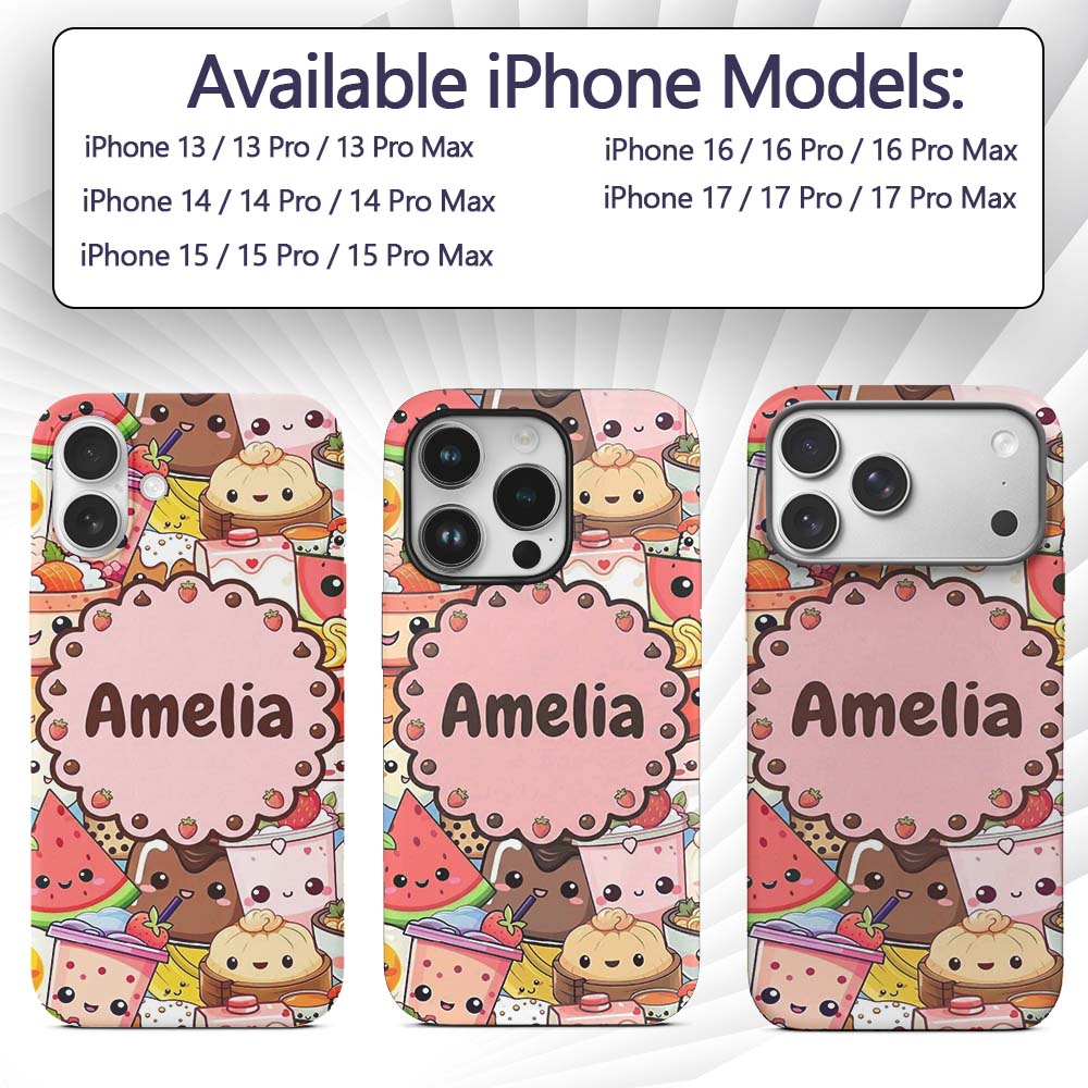 Cute Kawaii Food Characters Sushi Drinks Desserts Custom Name Protective Phone Case Mobile Cover Durable Everyday Smartphone Shock Resistant