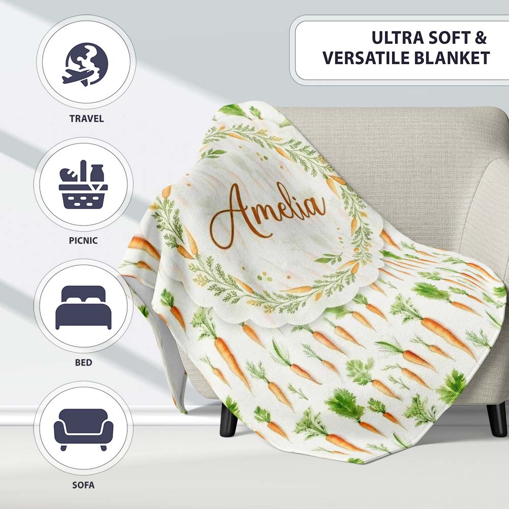 Clean White Background Carrot and Herb Botanical Seamless Pattern Personalised Custom Name Super Soft Fleece Blanket Bed Sofa Throw